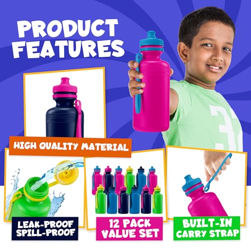 Bedwina Bulk Water Bottles For Kids - (Bulk Pack of 72) 18 Oz - 7.5 Inch BPA-Free Plastic Water Bottles w/Pop-up Tops for Summer, Reusable Water Bottles Bulk for School, Sports Birthday Party Favors